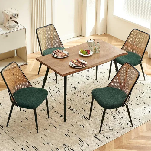 Miniatura 11 de NORDICANA Dining Table Set for 4, Kitchen Table and 4 Chairs, 5 Pieces Dinette Wood Table with Beige Boucle Chiars, Rattan Backrest