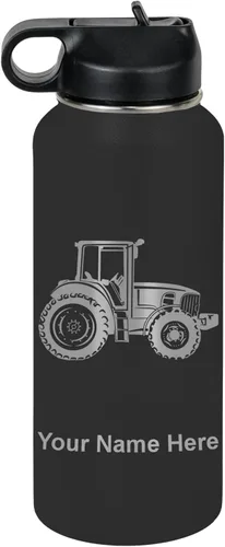 Miniatura 50 de LaserGram Botella de agua personalizada, tractor agrícola, acero inoxidable de doble pared aislada al vacío con popote superior, regalo grabado
