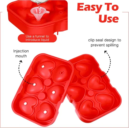 Miniatura 5 de Domensi 2 moldes grandes de hielo en forma de corazón 3D reutilizables de silicona con 6 formas de corazón para bricolaje, chocolate, dulces, Rojo