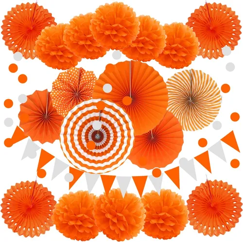 Miniatura 8 de Zerodeco - Decoración de fiesta, 21 piezas de abanicos de papel, pompones flores, tiras de cuerdas de lunares y banderines triangulares