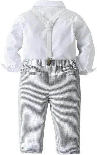 Miniatura 2 de Camisa a rayas para niños pequeños con corbata de moño + pantalones largos con tirantes