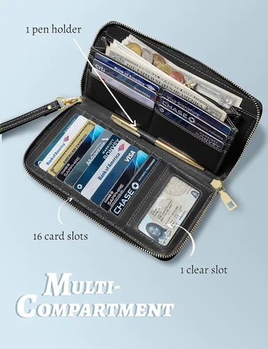 Miniatura 6 de Cartera para mujer con tarjetero para tarjetas de crédito, bolsillos para dinero, correa de pulsera, monedero con bloqueo RFID, gran capacidad