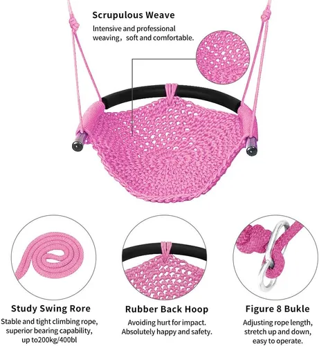 Miniatura 5 de Columpio tejido a mano para niños, columpio para niños con cuerdas ajustables, juego de columpio seguro para niños, para interiores, exteriores, Rosa