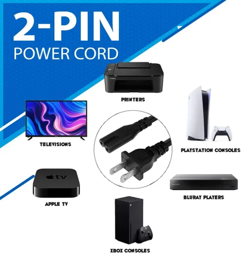 Miniatura 2 de Cable de alimentación CA de 2 clavijas C8 de 5 pies estándar de 2 ranuras para TV PS4 PS5 altavoz monitor Xbox cable de alimentación de pared