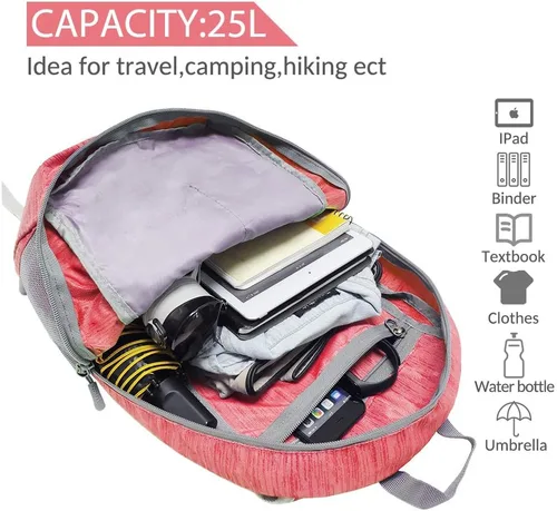 Miniatura 3 de ZOMAKE Mochila plegable ultraligera de 25 litros, mochilas de senderismo plegables resistentes al agua, mochila plegable pequeña para viajes (rojo)