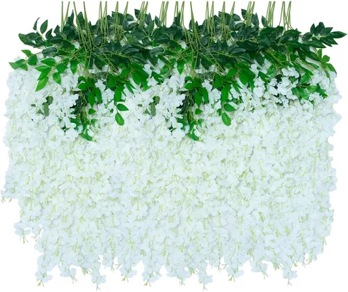 Miniatura 7 de Paquete de 12 flores colgantes de glicina artificial, guirnalda de flores de glicina falsas, enredaderas de seda, decoración de ratán para el hogar