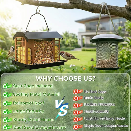 Miniatura 6 de Comederos para pájaros para colgar al aire libre, comedero de metal para pájaros con doble jaula de sebo resistente a la intemperie, techo de metal