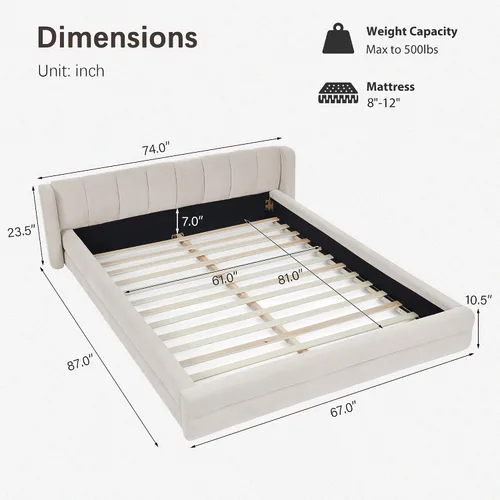 Miniatura 2 de DEINPPA - Marco de cama tamaño Queen con cabecero suave tipo nube, base de cama de madera con tapizado de chenilla, no necesita somier - Beige
