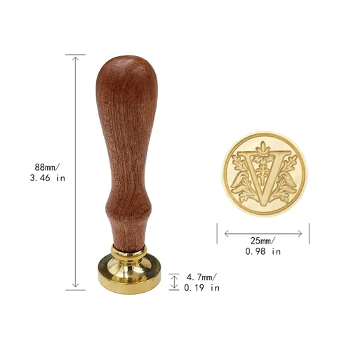 Miniatura 4 de Sello clásico de cera para sellar varios alfabetos, cabeza de latón, mango de madera, sellos para tarjeta/sobre/regalo (sello, letra V)