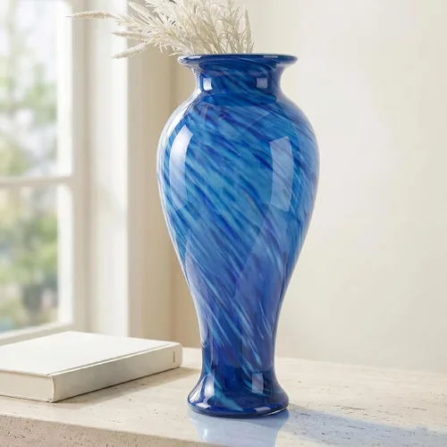 Jarrón de vidrio azul de 20 pulgadas de alto soplado a mano para decoración del hogar, bonito y moderno jarrones de flores azul oscuro, jarrones