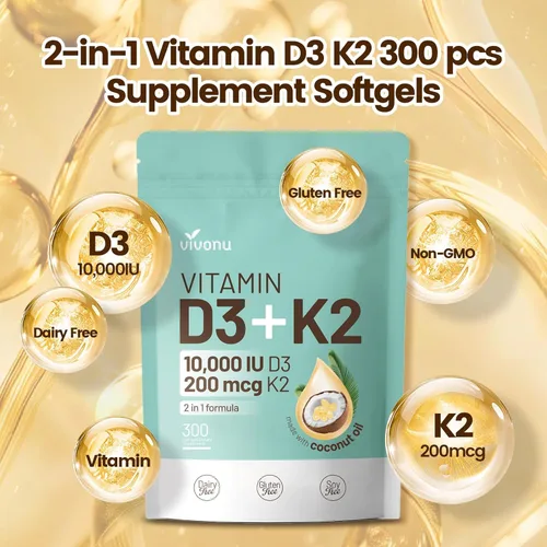 Miniatura 6 de Vitamina D3 K2 10000 UI con MK7 - 300 Cápsulas blandas de aceite de coco virgen Complejo de vitaminas D y K 2 en 1 Vitamina D3 con K2 Respalda