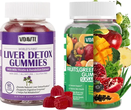 VIDAVITE Paquete de gomitas desintoxicantes y reparadoras de limpieza hepática + gomitas de frutas, verdes y vegetales (suministro para 30 días)