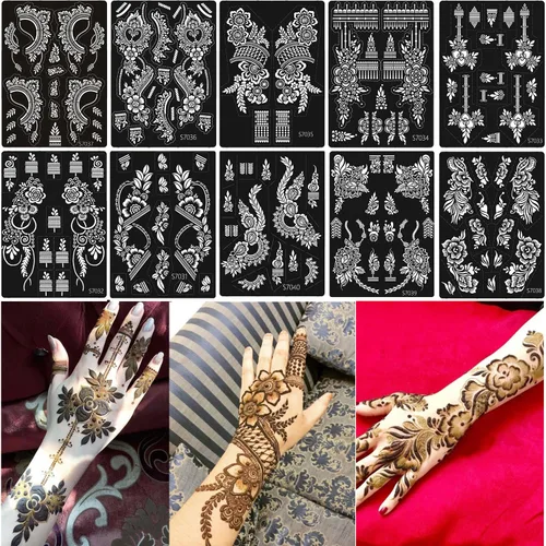 Miniatura 8 de 10 hojas de plantillas de tatuaje de henna 10 pares de plantillas de tatuaje temporal para brazo y mano Tatuajes indios árabes con purpurina Negro