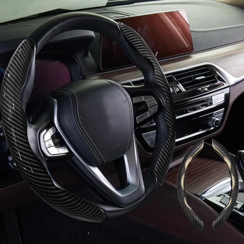 Miniatura 14 de WOCOCN 2 fundas para volante de automóvil, protector antideslizante de fibra de carbono para hombres y mujeres, múltiples opciones de color, Beige