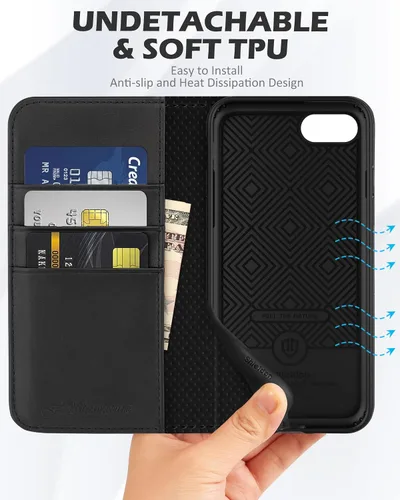 Miniatura 8 de SHIELDON Funda para iPhone SE 2022/SE 2020, tarjetero de piel auténtica, soporte magnético, funda de protección a prueba de golpes, compatible