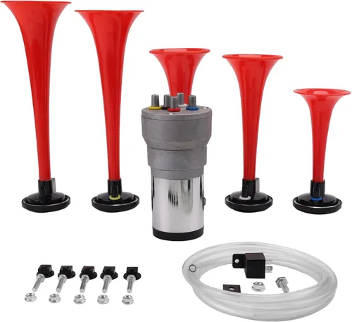 Miniatura 7 de FARBIN Bocina musical con sonido musical de 6 trompetas con compresor, juego de melodía de padrino, rojo, 12 V, 150 db, para tren, camión