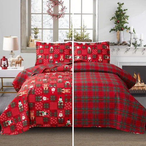 Miniatura 7 de Juego de colcha de Navidad de Smuge, tamaño king - Reversible, con diseño de alce, muñeco de nieve, árbol de Navidad, pequeña campana, rojo, verde