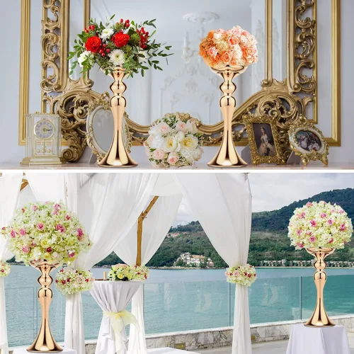 Miniatura 5 de Sadnyy 16 piezas de metal para arreglos florales, soporte de metal para centro de mesa de boda, decoración de mesa alta, florero para bodas, Dorado