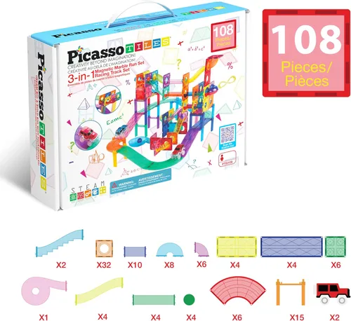 Miniatura 8 de PicassoTiles PTG108 - Juego de 108 piezas de carreras con azulejos magnéticos, autos y canicas, juguete de aprendizaje STEM 3 en 1, kit