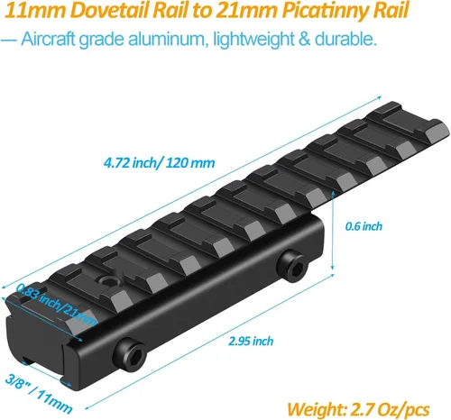 Miniatura 5 de LONSEL Adaptador de riel de cola de milano a Picatinny de 11 mm a 21 mm - Montura de conversión de riel elevador de mira de perfil bajo - Montura