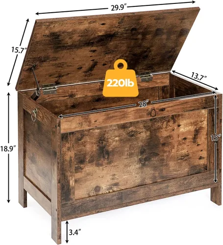 Miniatura 3 de HOOBRO Caja de juguetes, baúl de almacenamiento de aspecto de madera retro con bisagra de seguridad, banco de almacenamiento de entrada soporta 220