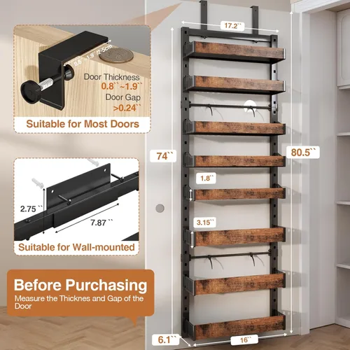 Miniatura 2 de Organizador de despensa sobre la puerta de 8 niveles, estante de especias de metal resistente para montar en pared o colgar, con estantes