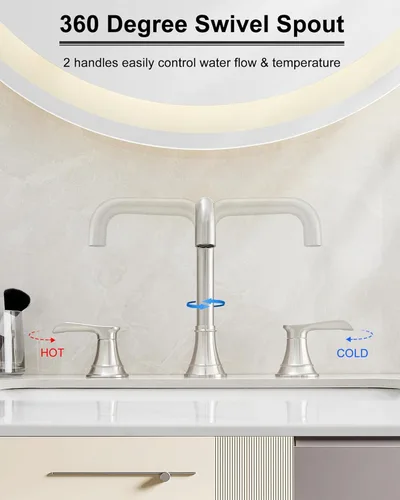 Miniatura 3 de Grifo de baño de 3 agujeros de níquel cepillado, grifo giratorio de 360 grados de 8 pulgadas, 2 asas para fregadero de baño con manguera de Mate