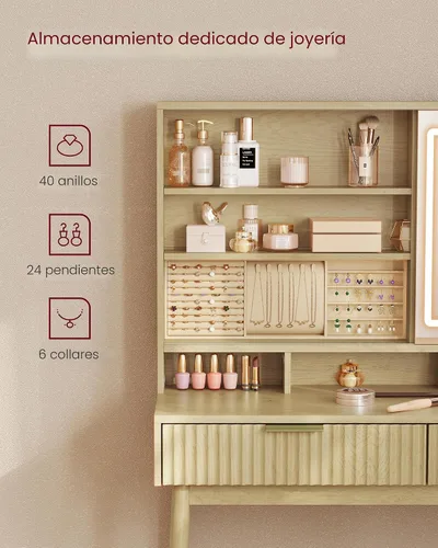 Miniatura 4 de VASAGLE Colección MAXE - Escritorio de tocador con espejo deslizante y luces, tocador de maquillaje estilo Mid Century Modern estriado con espejo