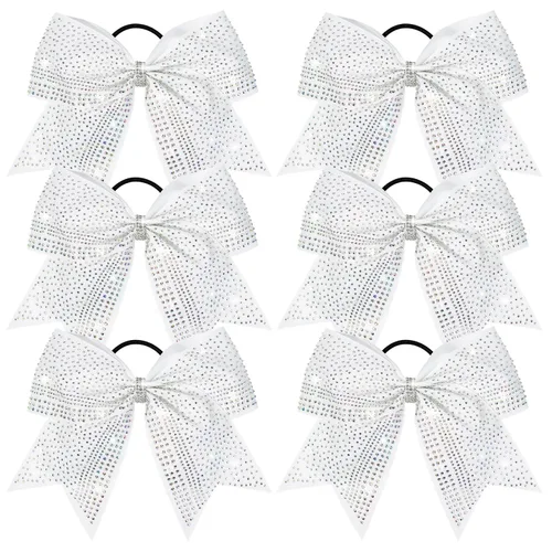 Miniatura 8 de DEEKA 6 lazos grandes de animadora con purpurina de 8 pulgadas con diamantes de imitación completos, lazos para el pelo de animadora coloridos Plata