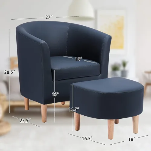Miniatura 2 de DAZONE - Silla de cuero, silla decorativa de estilo moderno de mediados de siglo con otomano, barril falso, sillón cómodo tapizado con brazos Azul