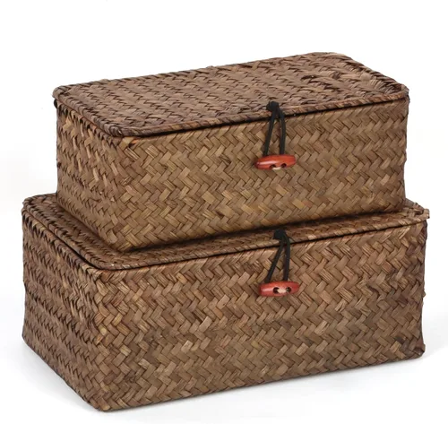 Moosky Cestas de mimbre con tapa, cesta tejida a mano de pastos marinos para cestas de almacenamiento, cajas de regalo rectangulares para el hogar,