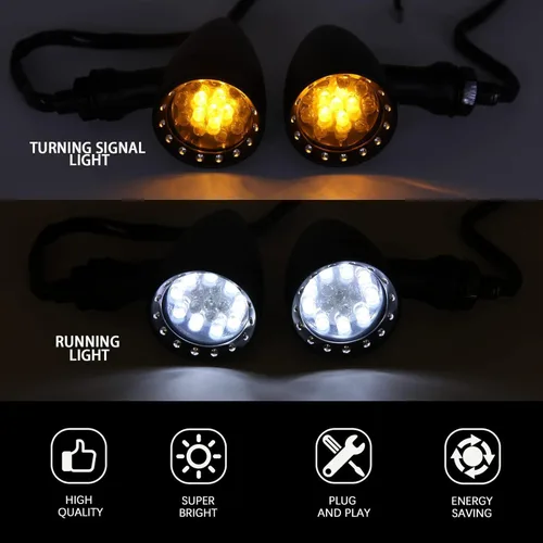 Miniatura 3 de DREAMIZER - Luces de señal de giro para motocicleta, color negro, 15 LEDs, diseño de bala, luces indicadoras delanteras y traseras, luz blanca y Luz