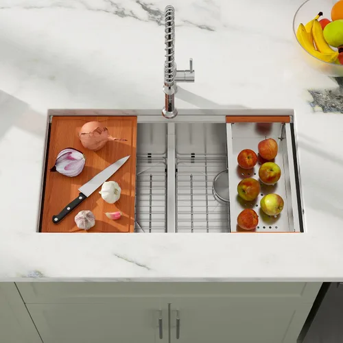 Miniatura 2 de Dcolora DC-U-1111 - Fregadero de cocina de 33 pulgadas con doble tazón, estación de trabajo de acero inoxidable 50/50 dividida baja dividida calibre