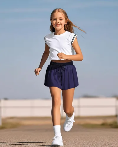 Miniatura 5 de Auranso Pantalones cortos de mariposa para niñas, pantalones cortos fluidos con bolsillo 2 en 1 para atletismo, correr, gimnasio, ropa preparatoria