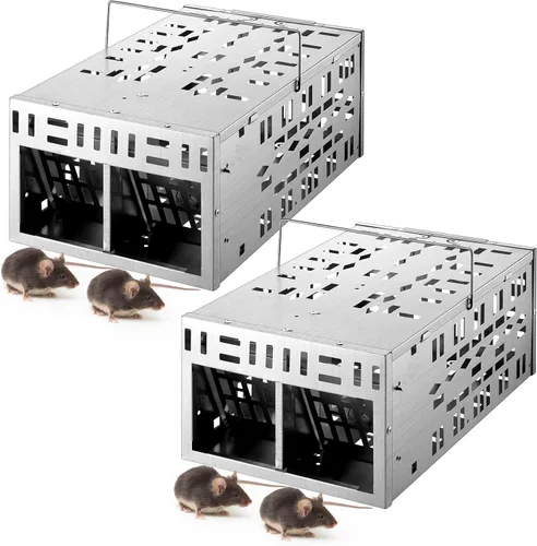 Qualirey Paquete de 2 trampas para ratas con doble apertura, diseño de puerta unidireccional, ciclo continuo, ratón en vivo, sin matar, para