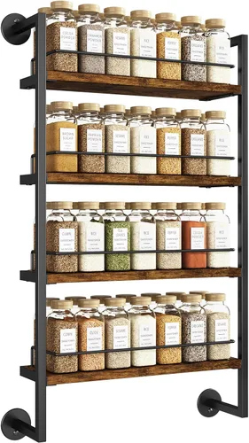 IBUYKE Estante para Especias de Pared, Organizador Colgante de Condimentos de 4 Niveles, Estante Grande para Pared para hasta 50 Frascos, Marrón