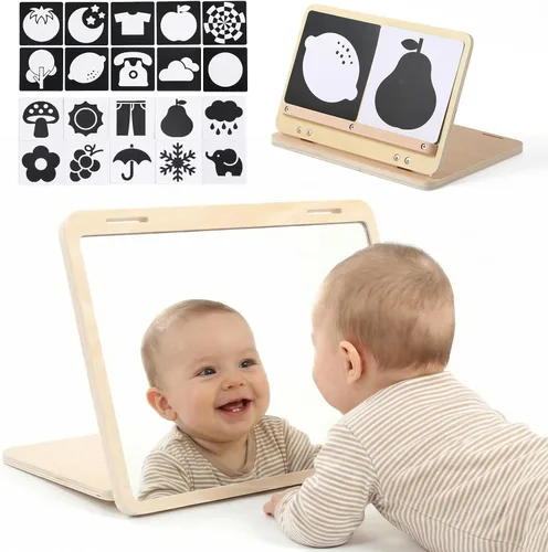 IEATFO Set de juego de tiempo boca abajo, ángulo ajustable, diseño de doble cara, juguetes Montessori Tummy Time Toys Gran espejo seguro para bebés