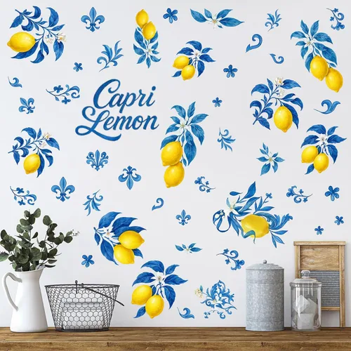 Miniatura 10 de Epakh 41 calcomanías de pared de limón, manzana, cereza y fresa, calcomanías para despegar y pegar, decoración de pared para gabinete de cocina