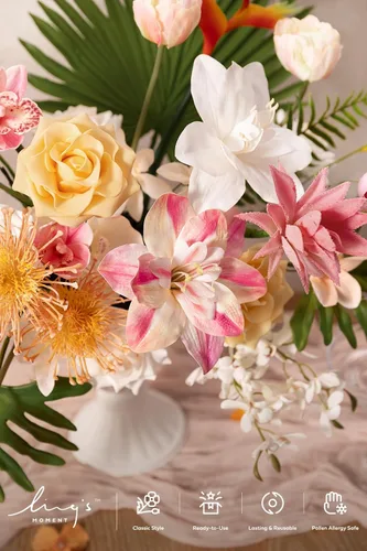 Miniatura 3 de Ling's moment Caja de flores falsas, tallos de vegetación artificiales artificiales, rosas de espuma, anturios, orquídea de seda, hoja de palmera