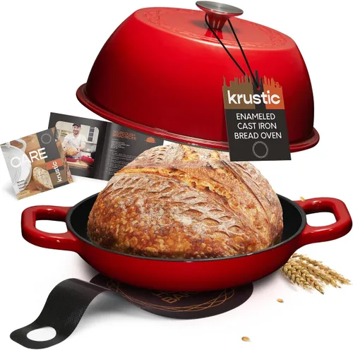Krustic Horno holandés de hierro fundido esmaltado para hornear pan de masa madre, olla de 6 cuartos de galón con tapa, juego de utensilios de Rojo