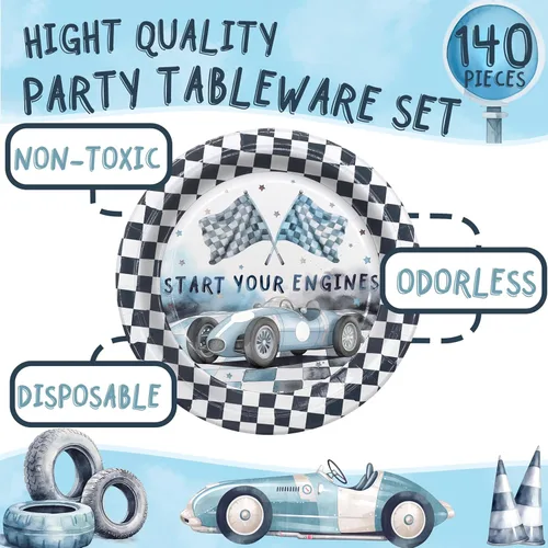 Miniatura 2 de Recuerdos y suministros para fiesta de cumpleaños de autos de carreras, juego de vajilla con platos, servilletas y tenedores