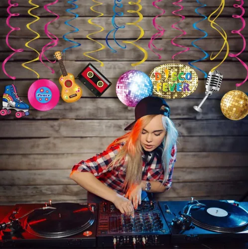 Miniatura 5 de Decoraciones de espirales colgantes de discoteca de 30 unidades, suministros de fiesta de los años 50, 60, 70, 80 y 90, decoración temática