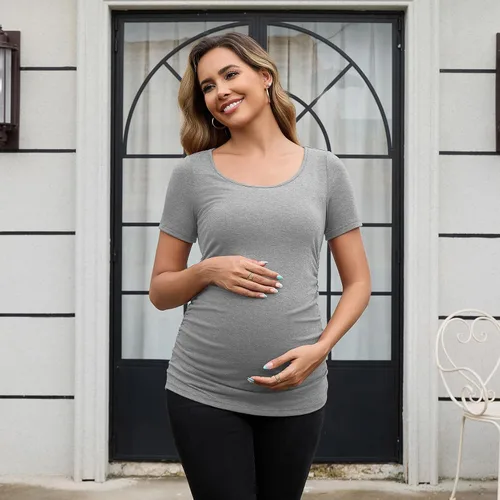 Miniatura 45 de GINKANA Blusas de maternidad de manga corta, diseño floral, fruncido, casual, para mamá, para embarazo