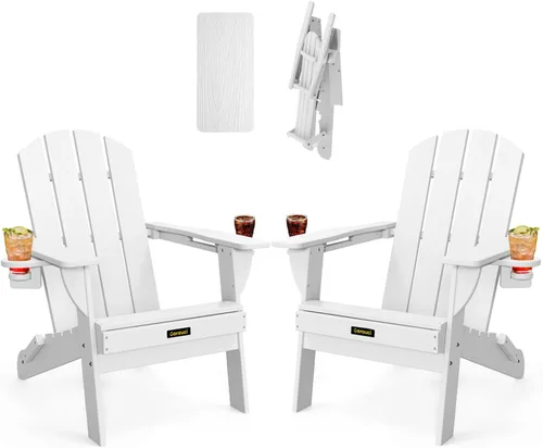 Miniatura 34 de Silla Adirondack Plegable, Sillas Adirondack de Plástico con Textura de Madera con 2 Portavasos, Silla para Hoguera de HDPE Resistente a