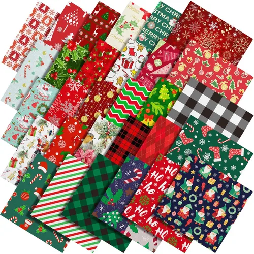 Shimeyao 60 Piezas Paquetes de Tela de Navidad Costura Acolchado Muñeco de Nieve Papá Noel Alce Copo de Nieve Estampado Cuartos Gruesos Cuadrados de