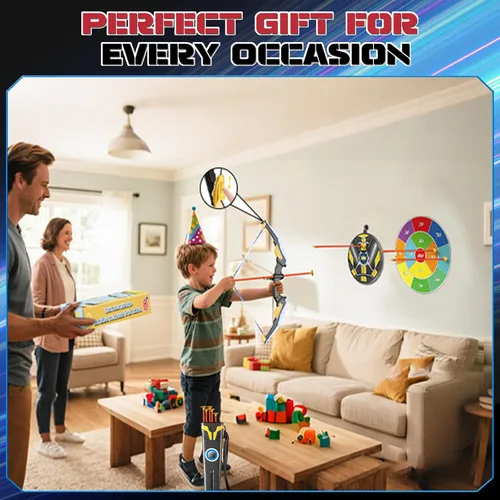 Miniatura 3 de Juego de arco y flecha para niños con luz LED, juego de tiro con arco con 10 flechas de ventosa, 2 objetivos de tiro con arco para interiores y Negro