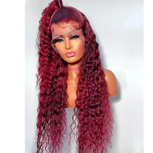 Miniatura 3 de Pelucas de encaje frontal rizadas color rojo para mujeres de raza negra, pelucas de encaje color borgoña, peluca roja oscura larga con ondas