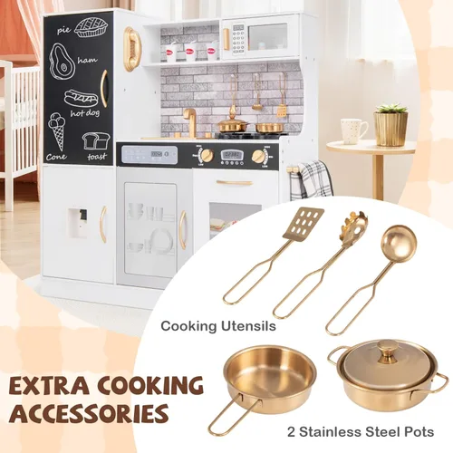 Miniatura 5 de HONEY JOY Juego de cocina para niños de 39 pulgadas, juego de cocina grande de madera con pizarrón, teléfono, utensilios, horno, microondas