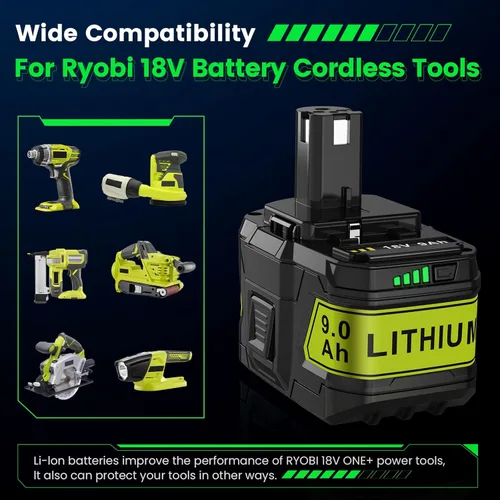 Miniatura 2 de 9.0Ah 18V P109 P108 P102 Reemplazo para batería Ryobi 18V P103 P104 P105 P107 P106 18Volt ONE+ batería de iones de litio inalámbrica, paquete de 2