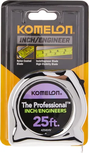 Miniatura 7 de Komelon 425IEHV Cinta métrica profesional de alta visibilidad con escala de pulgada e ingeniero, impresa 25 pies por 1 pulgada, cromada